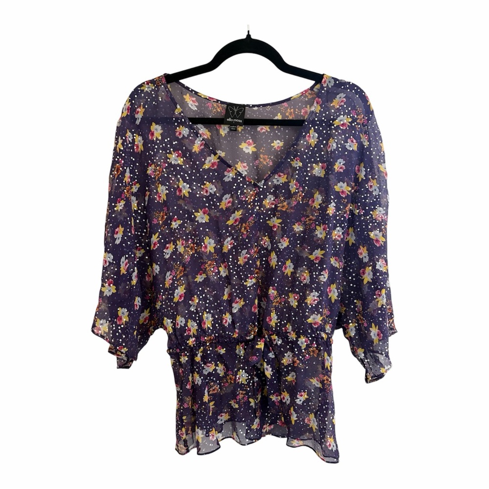 Anthropologie Ella Moss Purple Floral V-Neck Sheer Blouse